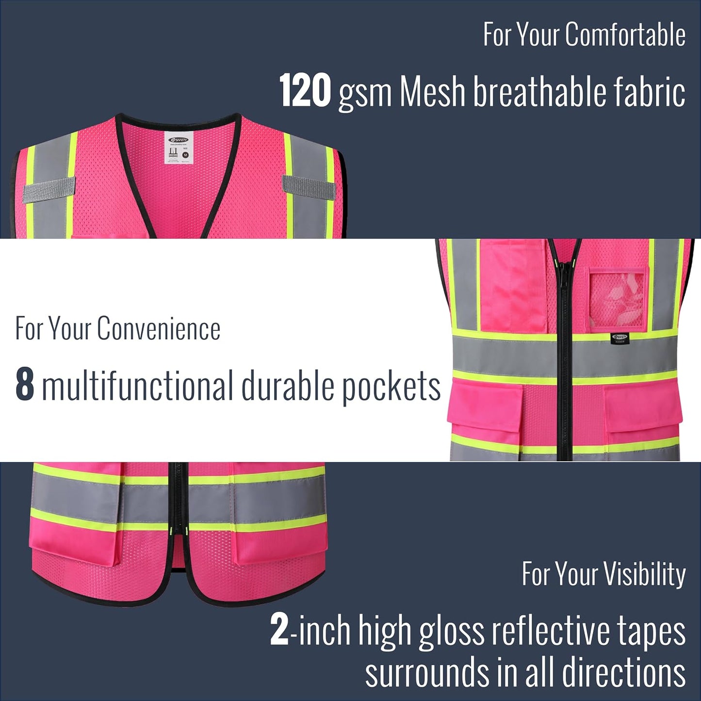 JKSafety Safety Vest for men women Hi Vis Reflective Vest with Pockets and Zipper High Visibility Meet ANSI Standard（BX320
