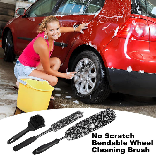 Bendable Wheel Brush Kits Soft Microfiber Wheel Cleaner Brush Synthetic Woolies No-Scratch Wheel Cleaning Brush Car Detailing Rim Tire Brush