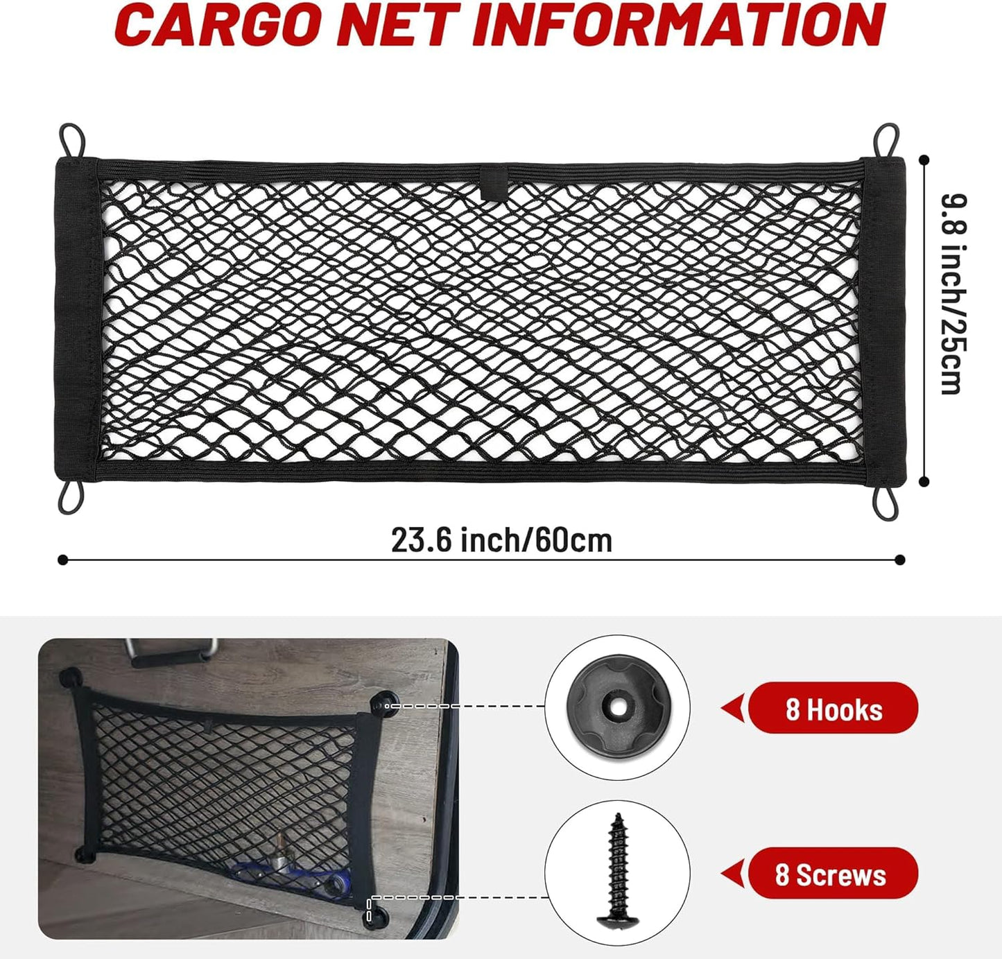 RED WOLF 2 Pcs Universal Cargo Net Pocket Elastic Mesh Netting Car Mesh Pouch for Trunk RV Boats Home Cargo Storage Mesh with Screws and Hooks (25.6'' x 9.8'')