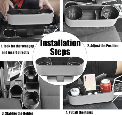 IOKONE Car Cup Holder, Auto Cup Drink Holders，Multifunctional Auto Front Seat Organizer with PU Leather Cover, Gap Filler Storage Box Coin Bucket Console Side Pocket Cell Mobile Phone Holder (Black)
