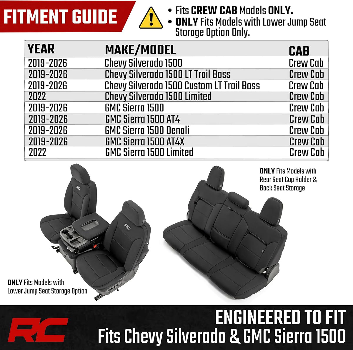Rough Country Neoprene Seat Covers for Chevy Silverado & GMC Sierra 1500 (2019-2026) w/No Rear Seat Storage or Cup Holder - Waterproof & UV Resistant, Foam Padded, Front & Rear Row Cover Set