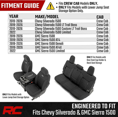 Rough Country Neoprene Seat Covers for Chevy Silverado & GMC Sierra 1500 (2019-2026) w/No Rear Seat Storage or Cup Holder - Waterproof & UV Resistant, Foam Padded, Front & Rear Row Cover Set