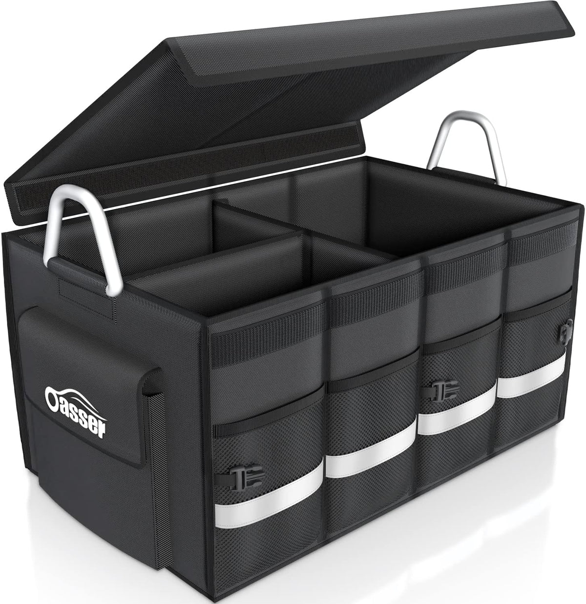 Oasser Car Trunk Organizer, 3 Compartments Collapsible Waterproof Car Organizer Storage with Foldable Cover, Reflective Strip, Non-Slip Bottom, 4 Mesh Pockets for SUV/Truck/Sedan/Camping/Road Trip