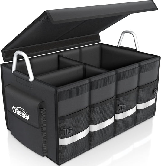 Oasser Car Trunk Organizer, 3 Compartments Collapsible Waterproof Car Organizer Storage with Foldable Cover, Reflective Strip, Non-Slip Bottom, 4 Mesh Pockets for SUV/Truck/Sedan/Camping/Road Trip