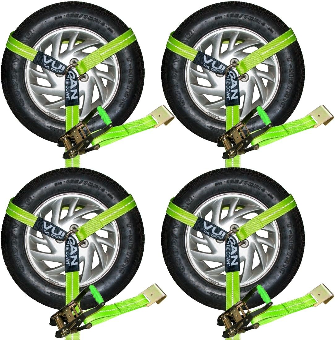 VULCAN Car Tie Down with Flat Hooks - Lasso Style - 2 Inch x 96 Inch - 4 Pack - Silver Series - 3,300 Pound Safe Working Load