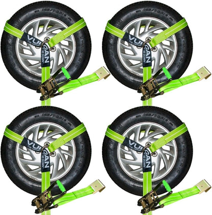 VULCAN Car Tie Down with Flat Hooks - Lasso Style - 2 Inch x 96 Inch - 4 Pack - Silver Series - 3,300 Pound Safe Working Load