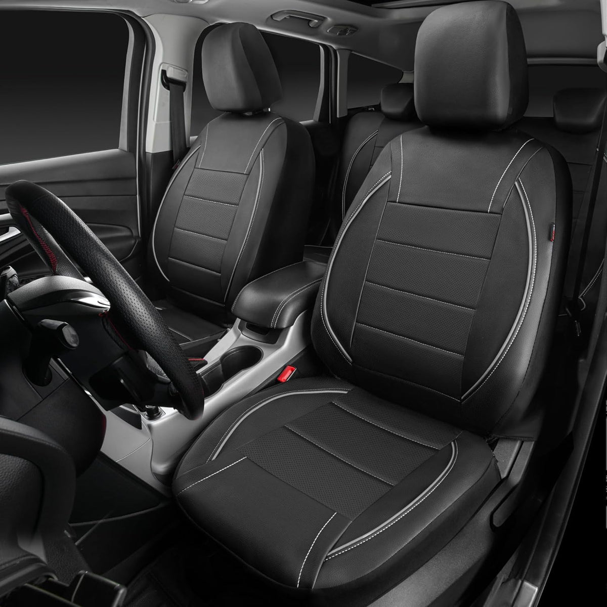 CAR PASS Universal FIT Piping Leather Two Front Seat Covers, Waterproof Faux Leather for SUV Sedan Van Truck, Airbag Compatible,Reserved Opening Holes for Headrest Covers. (Black red)