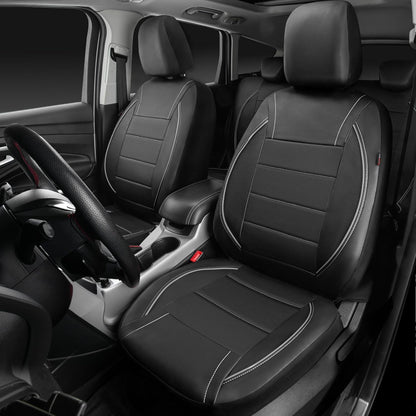 CAR PASS Universal FIT Piping Leather Two Front Seat Covers, Waterproof Faux Leather for SUV Sedan Van Truck, Airbag Compatible,Reserved Opening Holes for Headrest Covers. (Black red)