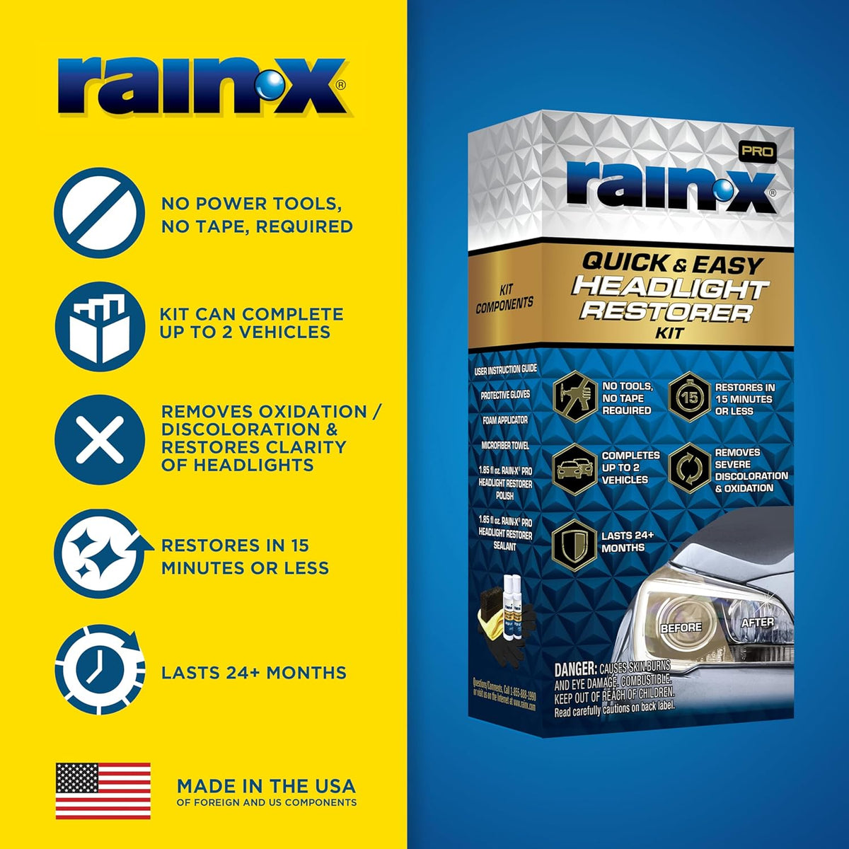Rain-X 610153 Headlight Restoration Kit - Car Light Lens Cleaner/Restorer with Sanding & Polishing Drill Attachments & Sealant Wipe, Removes Scratches & Oxidation- All in 1 Long Lasting Formula