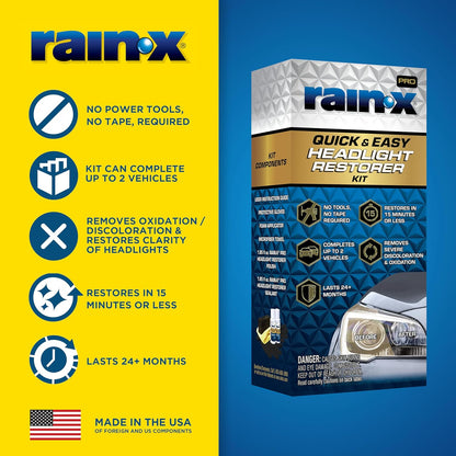 Rain-X 610153 Headlight Restoration Kit - Car Light Lens Cleaner/Restorer with Sanding & Polishing Drill Attachments & Sealant Wipe, Removes Scratches & Oxidation- All in 1 Long Lasting Formula
