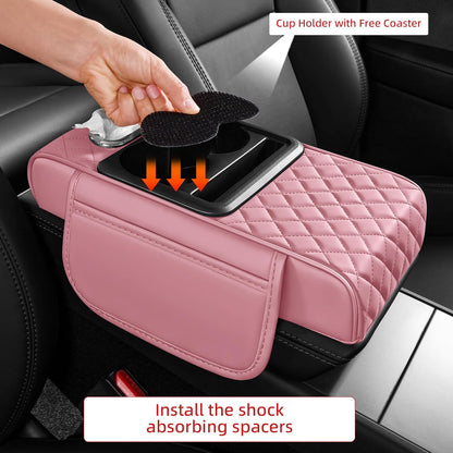5 in 1 Car Center Console Cover, Armrest Pad with 2 Storage Pockets, Cup Holder, Tissue Slot, Phone Holder, Nappa Leather Memory Foam Car Accessories for SUV Sedan Truck (Black)