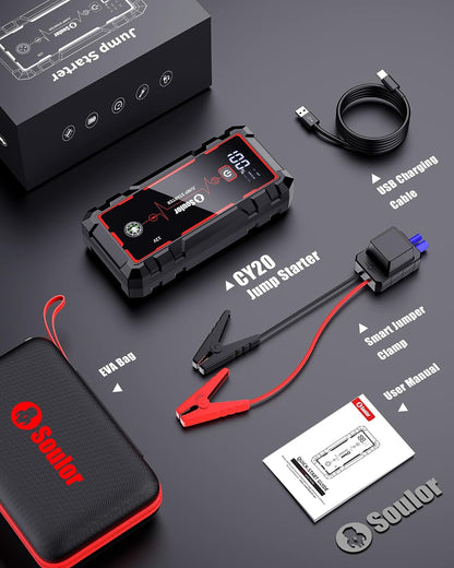 Jump Starter, Battery Jumper Starter Portable, Car Battery Jump Starter with 3 Modes Flashlight, Compass, Power Bank and Jumper Cable