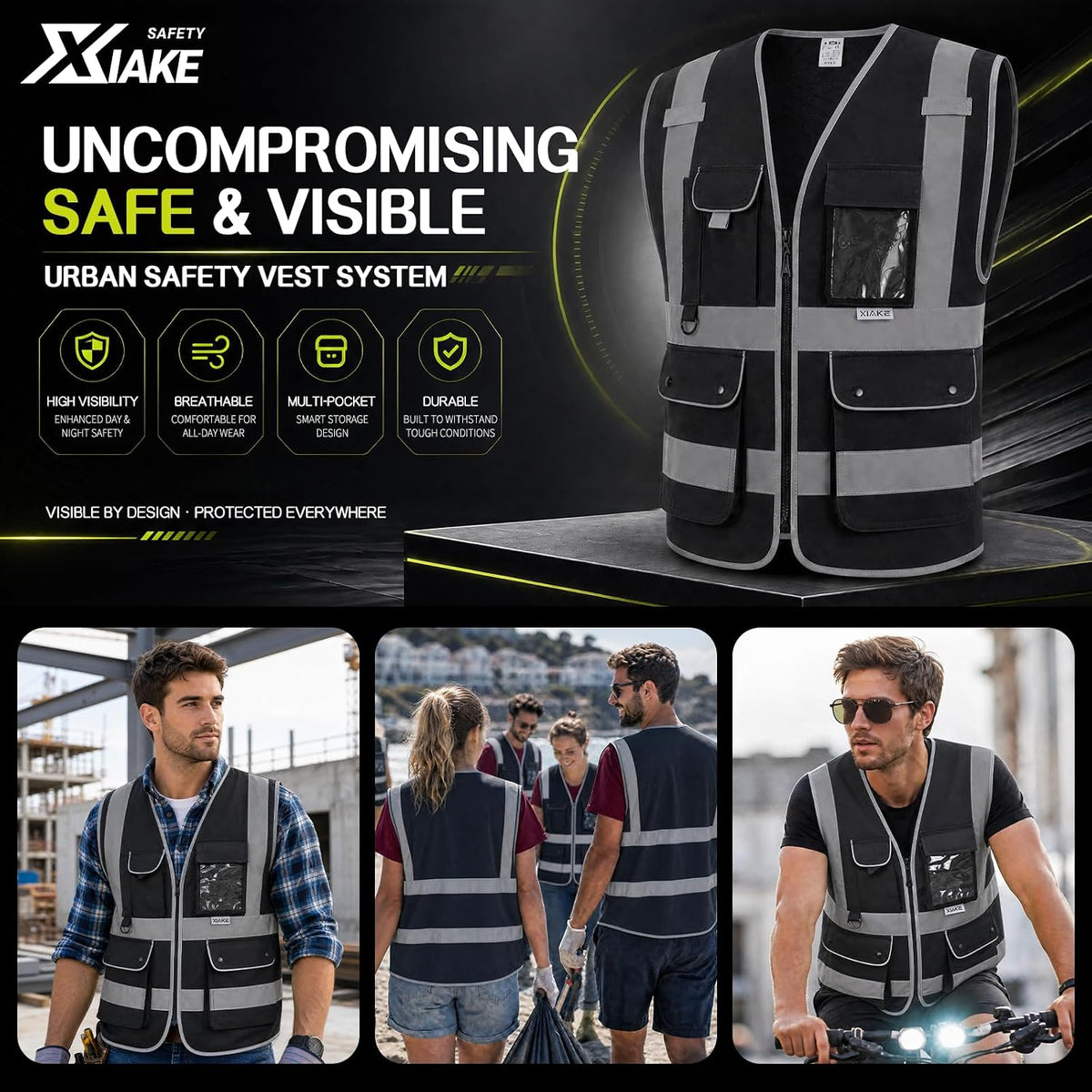 XIAKE Reflective Safety Vest for Men & Women High Visibility Class 2 Vest with Pockets Meets ANSI Standards