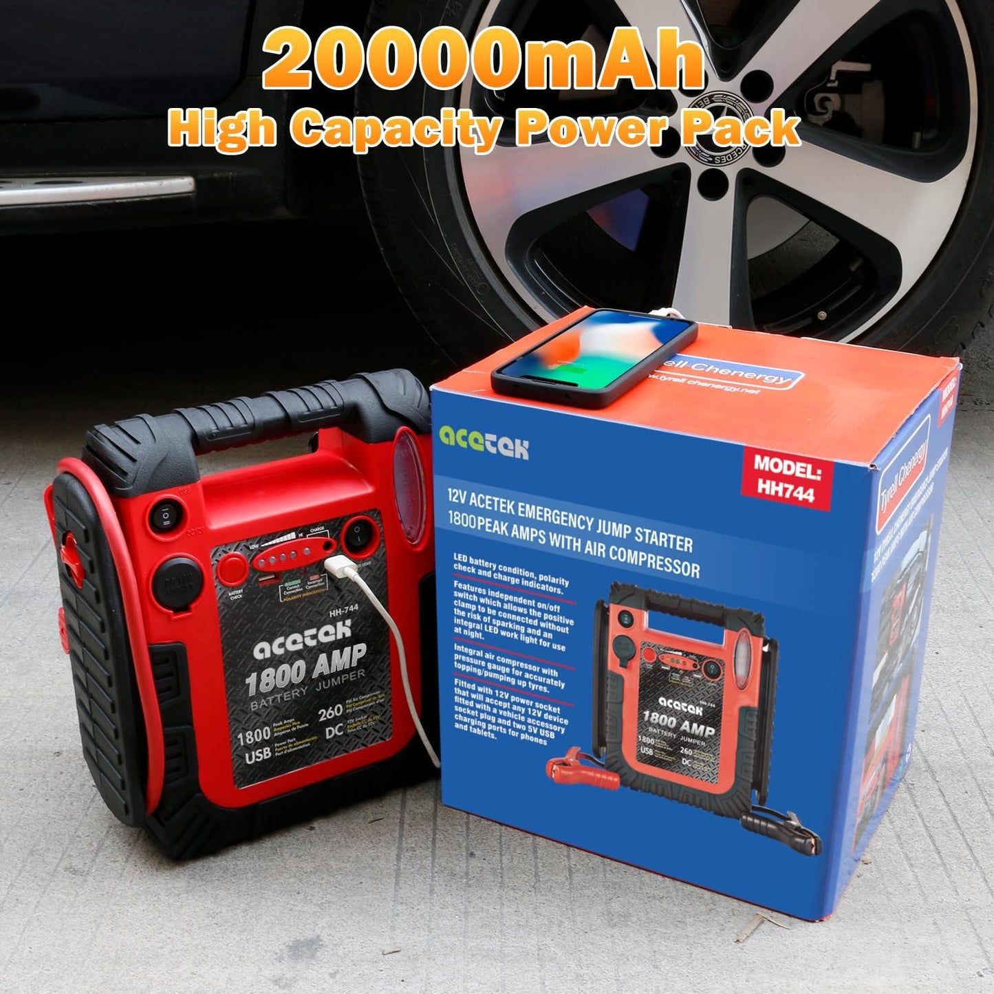 1800A Peak Car Jump Starter, 20000mAh Battery Booster for up to 6.5L Gas/5L Diesel Engines, 12V Portable Power Bank with LED Light, USB Outports, and Emergency Power Supply