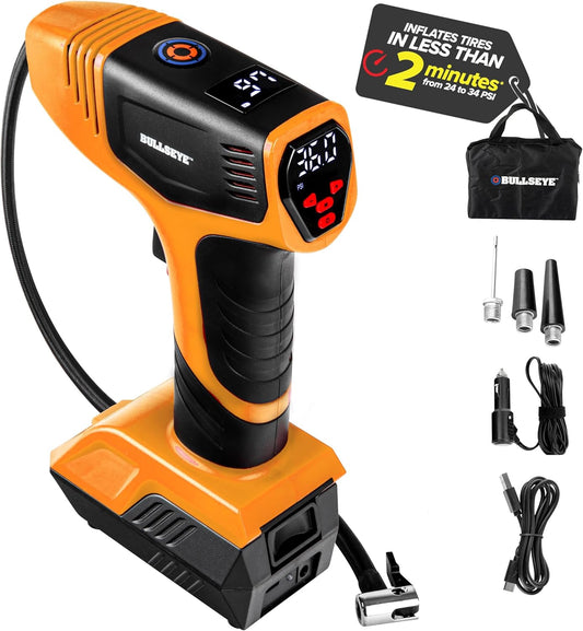 BULLSEYE PRO Tire Inflator with Pressure Gauge, Compact and Portable, Automatic Shut Off, 150 PSI Max, USB Home Rechargeable and Cord for Vehicular Use As Seen On TV (9475)