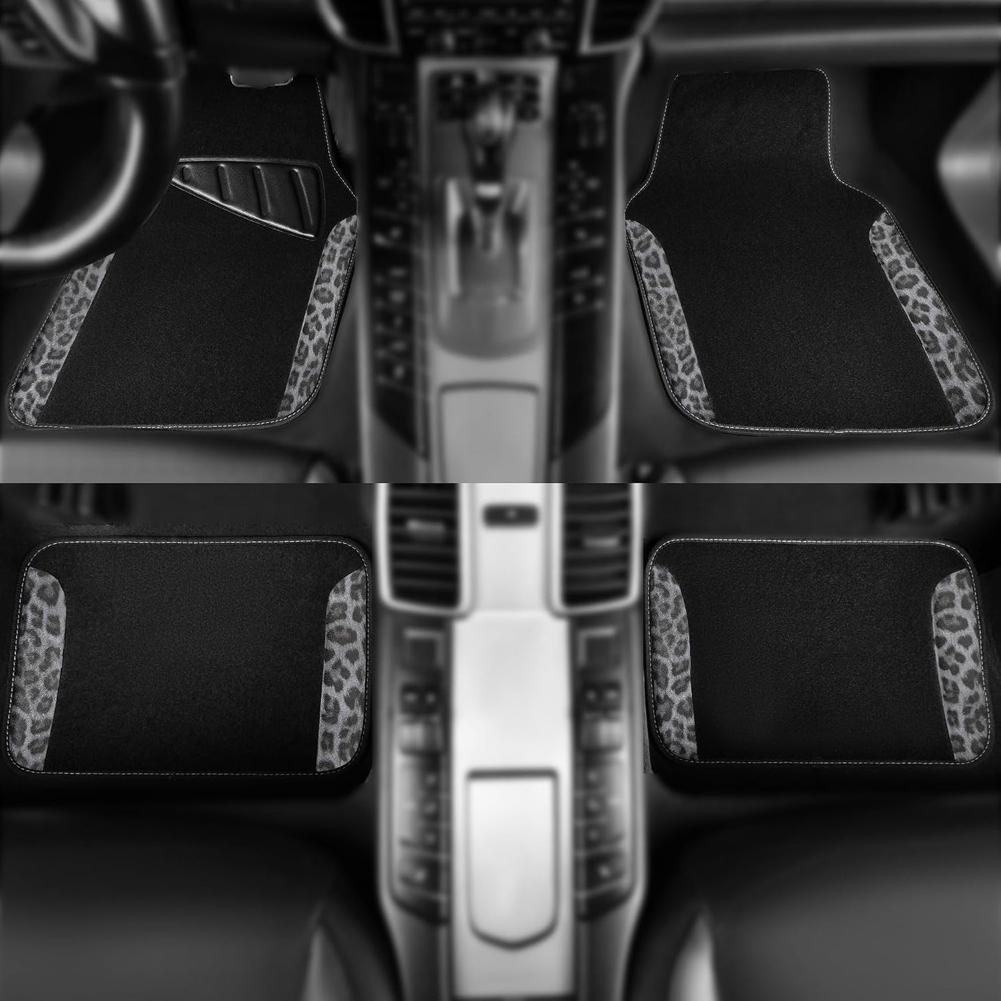 CAR PASS Waterproof Universal Car Floor Mats, Leopard Print Car Mats Fit for SUV,Vans,sedans, Trucks,Set of 4pcs Car Carpet with Driver Heel Pad and Nibs Backing, Leopard Car Accessories Gray Leopard