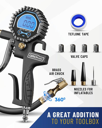 Tire Inflator with Pressure Gauge and Longer Hose - Most Accurate, Heavy Duty Air Chuck with Gauge for Air Compressor Tire Inflator Attachment - 100PSI