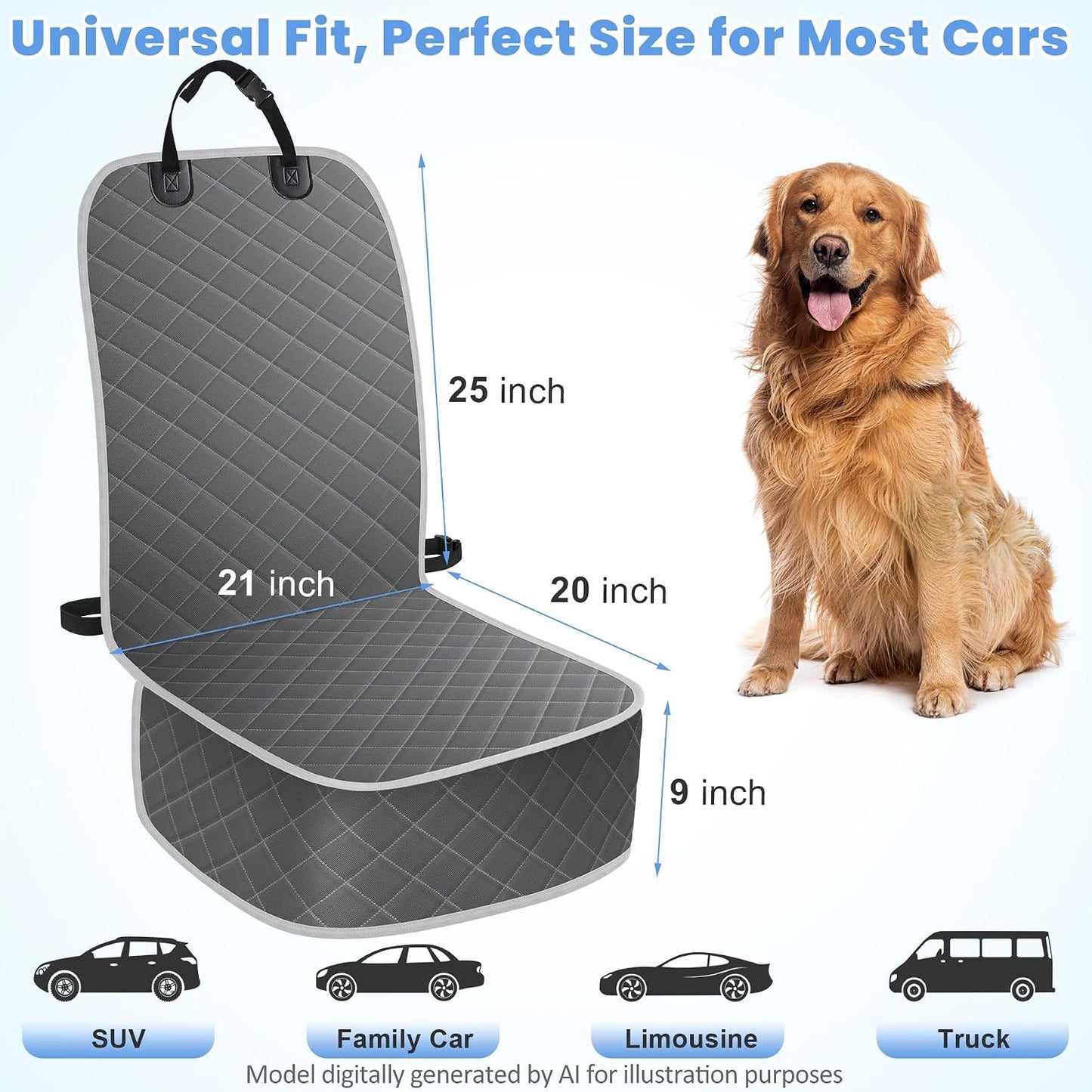 ELONGRIVER Dog Car Seat Covers, Waterproof Front Seat Cover for Dogs, Scratch-Proof, Nonslip Pet Passenger Seat Cover Protector, Universal Fit for Cars Trucks SUVs, Standard Size, Black