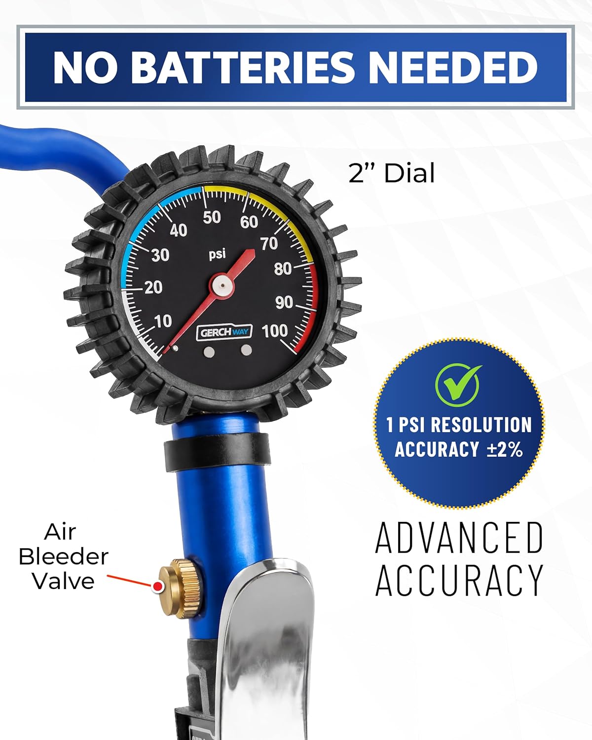 GERCHWAY Tire Inflator with Pressure Gauge and Longer Hose - Most Accurate, Heavy Duty Air Chuck with Gauge for Air Compressor Tire Inflator Attachment - 100PSI