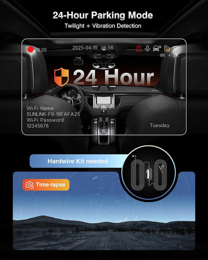 4K+2K+2K 3 Channel Dash Cam Front and Rear, 128GB Card Included, Dash Camera for Cars 5.8G/2.4G Dual Wifi, Built-in GPS, Night Vision, WDR, 170°Wide Angle, G-Sensor Emergency Lock, 24H Parking Monitor