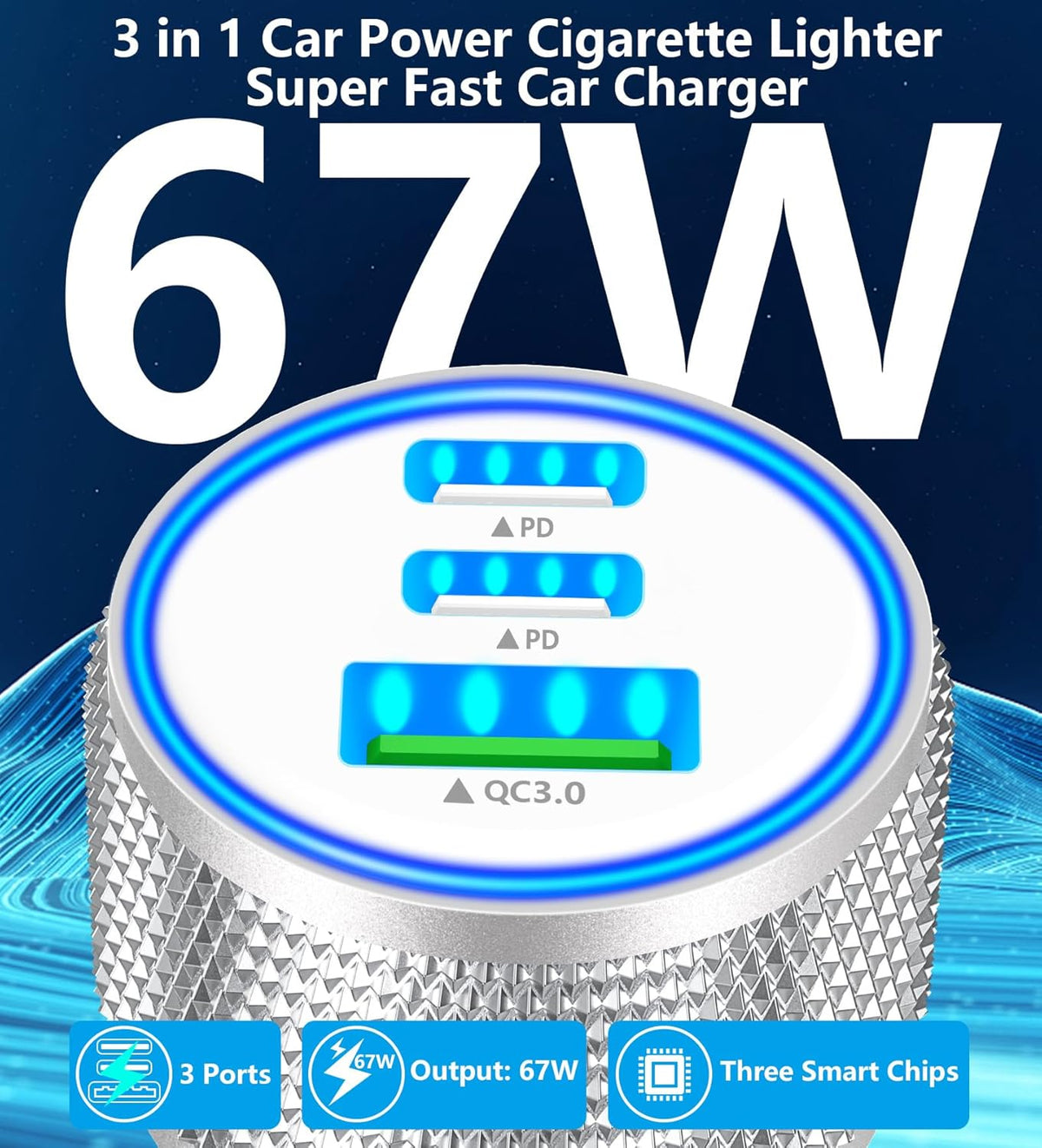 USB C Car Charger, Rombica 2Pack 3-Port 67W Dual PD USB-C&USB-A Car Power Cigarette Lighter USB Charger 3 in 1 PD/QC Type C Fast Car Charge for iPhone 17 17 Pro Max 16 15 14 13 12/Galaxy S26 S25/Pixel