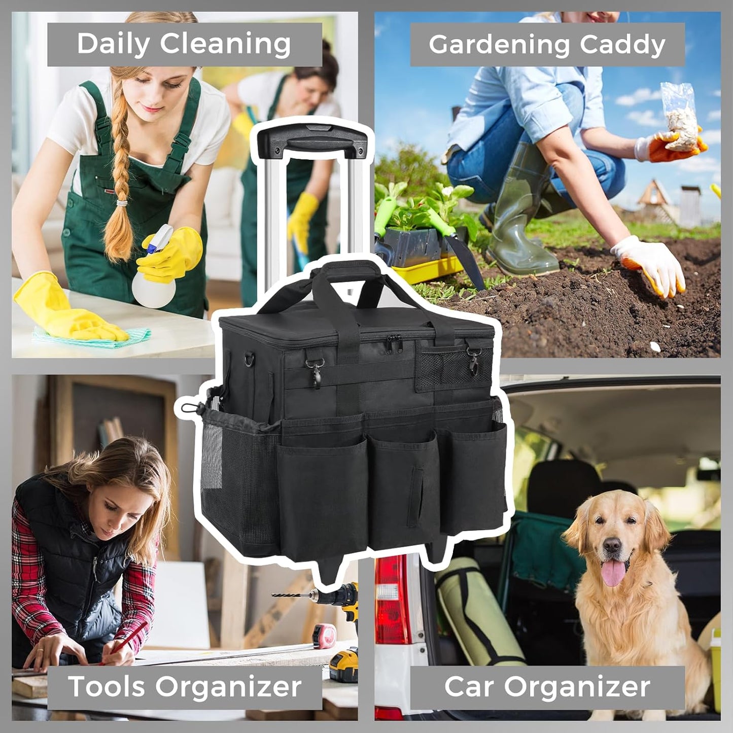SCAVATA Rolling Cleaning Caddy Bag with Detachable Trolley, Large Cleaning Supplies Organizer with Wheels, Multi Pocket Cleaning Cart with Adjustable Shoulder Strap for Housekeepers & Home Use, Black