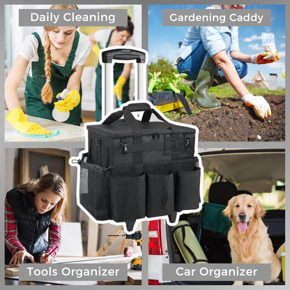SCAVATA Rolling Cleaning Caddy Bag with Detachable Trolley, Large Cleaning Supplies Organizer with Wheels, Multi Pocket Cleaning Cart with Adjustable Shoulder Strap for Housekeepers & Home Use, Black