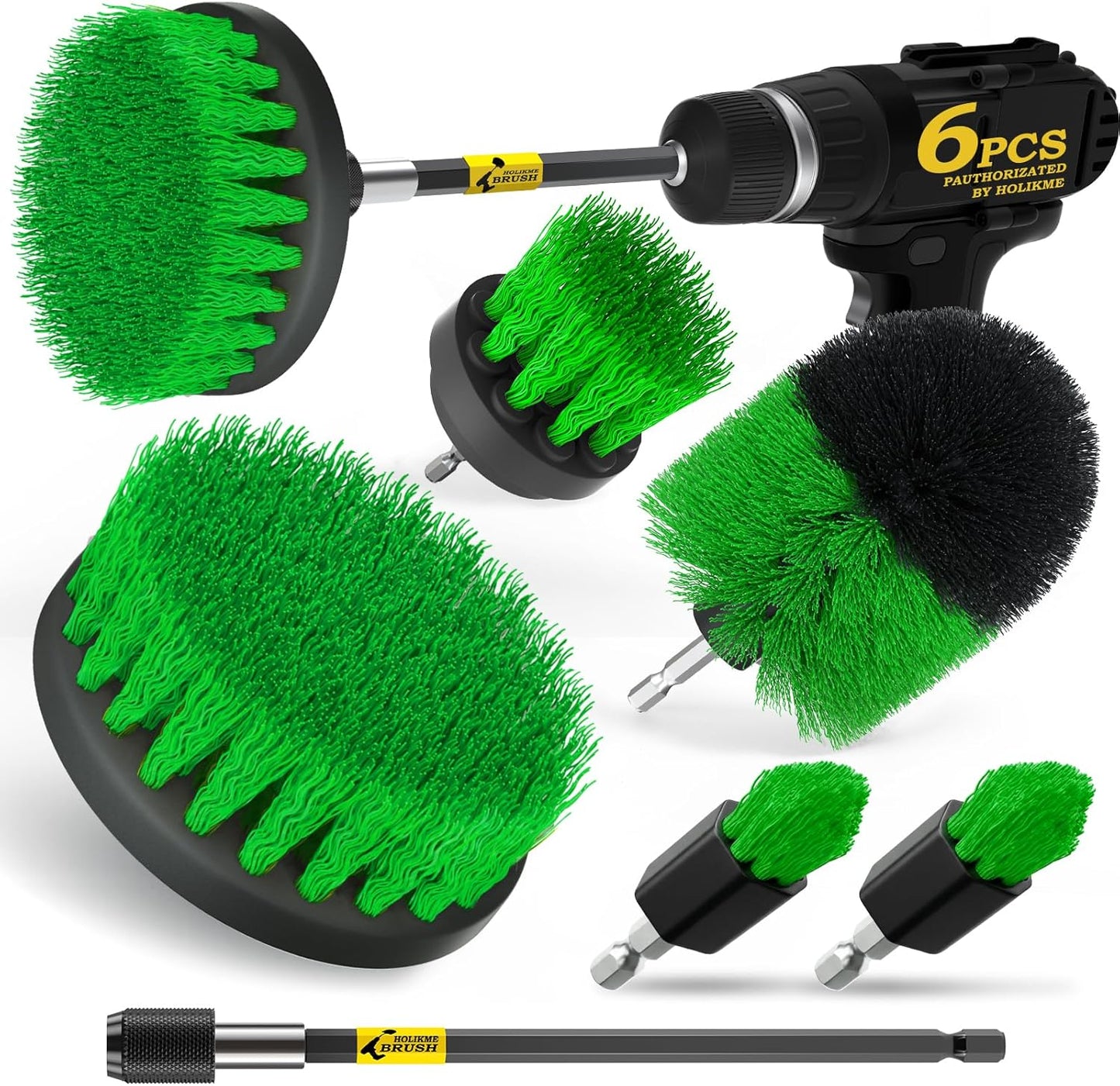 Holikme 6Pack Drill Brush Power Scrubber Cleaning Brush Extended Long Attachment Set All Purpose Drill Scrub Brushes Kit for Grout, Floor, Tub, Bathroom and Kitchen Surface,Scratch Brushes（Yellow）