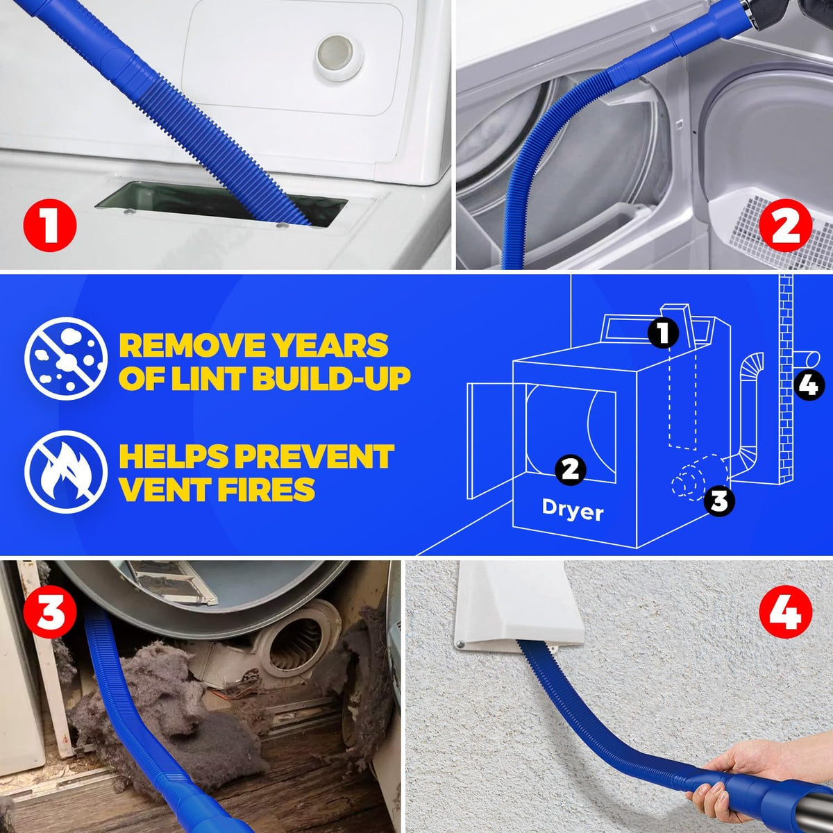 Holikme 2 Pieces Dryer Vent Cleaner Kit, Dryer Lint Vacuum Attachment and Flexible Dryer Lint Brush, Dryer Vent Vacuum Hose Attachment,Blue