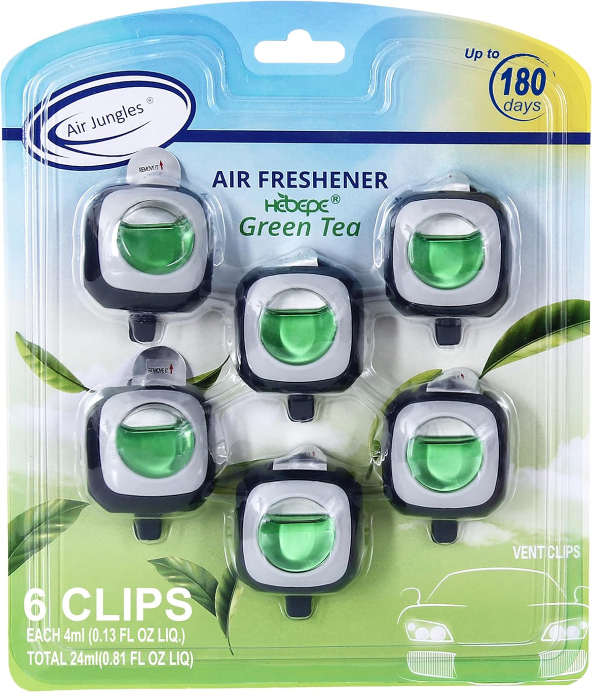 Air Jungles New Car Scent Car Air Freshener Vent Clip, 6 Count Long Lasting Up to 180 days, Natural Essential Oil Car Fragrance Accessories for Women and Men, Odor Eliminator - 4ml Each