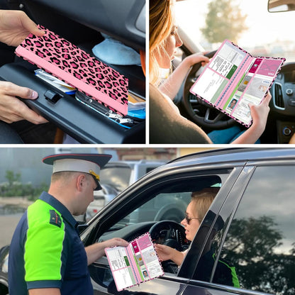 Car Registration and Insurance Holder, with Magnetic Closure for License, Cards and Documents, All Vehicle Needs and Car Accessories (Leopard-Black)