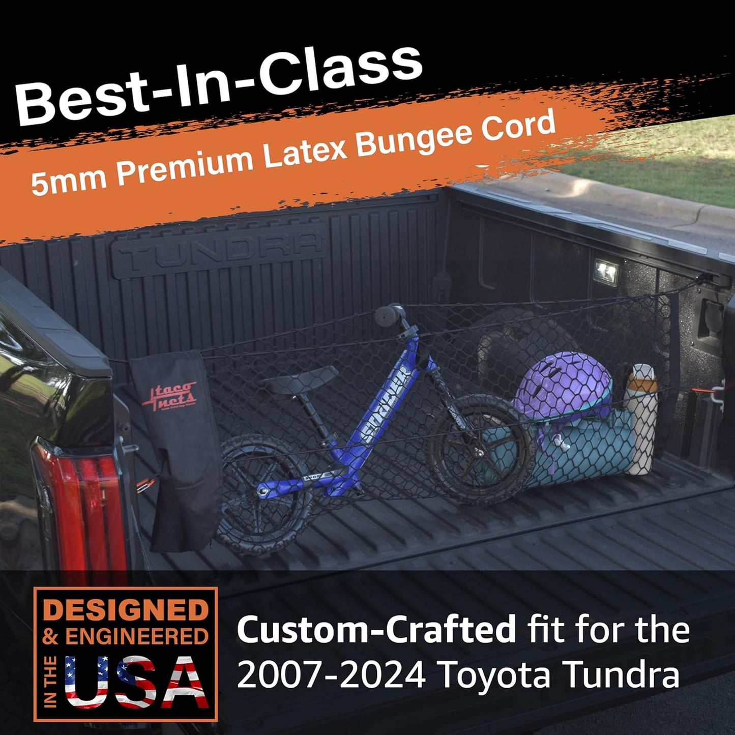 TacoNets Envelope Cargo Net for GMC Sierra & Chevy Silverado - Fits 2013-Current - Upgraded 5mm Bungee - Integrated Storage Bag - Heavy Duty Carabiners - Designed in USA