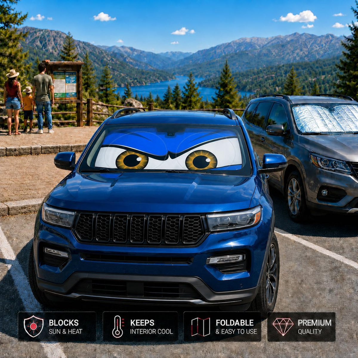 Car Windshield Sun Shade, Funny Cartoon Eyes Sun Visor for Car Windshield Universal Fits Sedan Compact Car Hatchback SUV, UV Heat Protection - 59 x 27.5