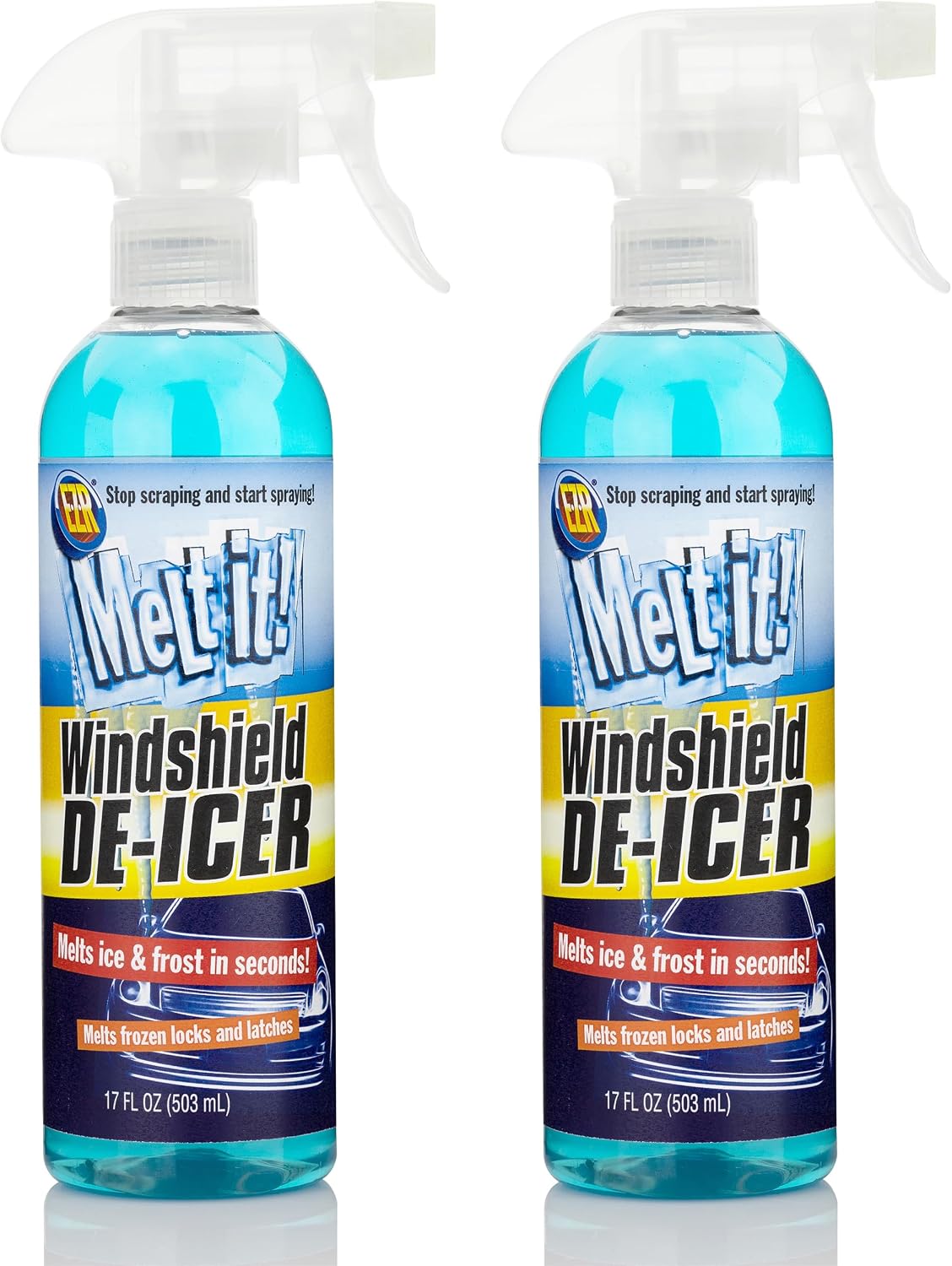 E·Z·R Windshield De-Icer. Melt it! Instantly Melts Ice & Winter Frost For Car Windshields, Windows, Mirrors, Key Locks, & Latches, Snow Melting Defrost Liquid For Car Window Cleaner, 17 Fl Oz, 2-Pack