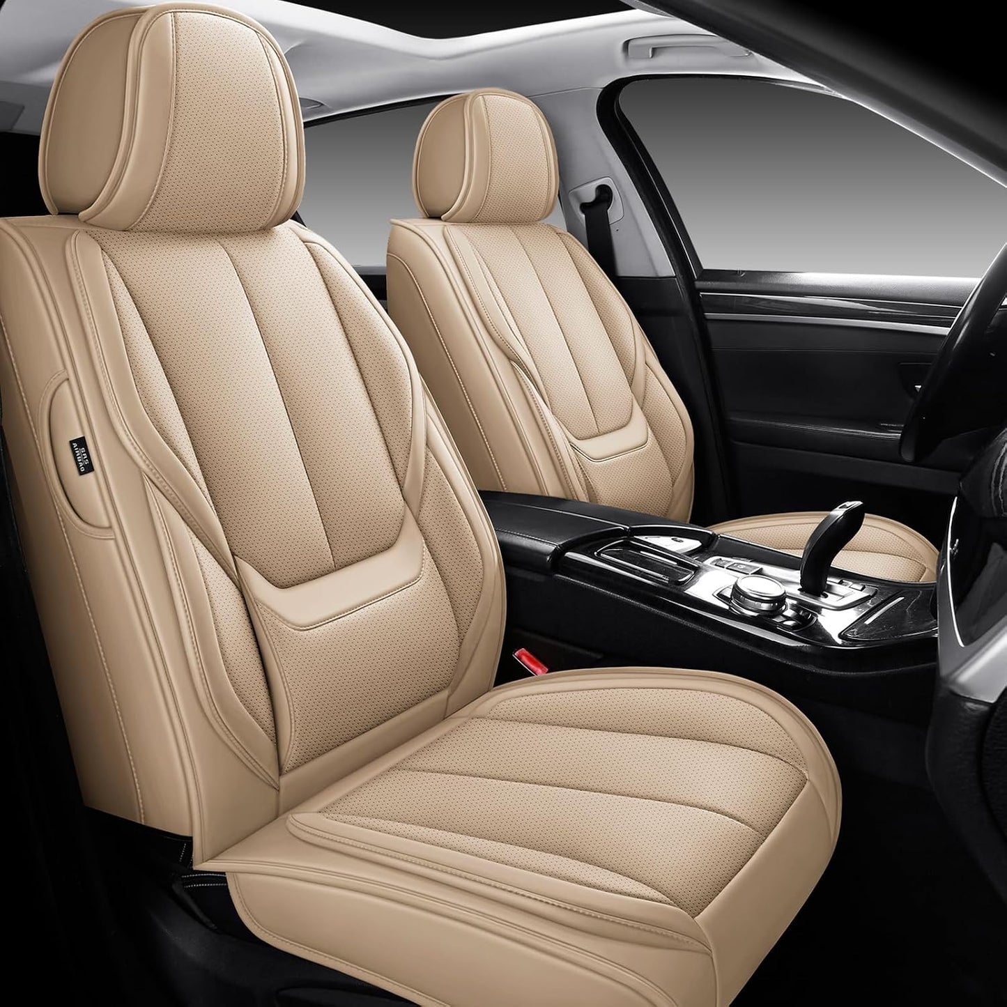 MINGBRON Car Seat Cover Full Set, Leather Car Seat Cover, Waterproof Seat Covers, Car Seat Cushion, Nappa Leather Seat Covers Car Seat Protector Universal Fit Most Cars Black