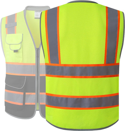 JKSafety 9 Pockets Class 2 High Visibility Zipper Front Safety Vest With Reflective Strips,Meets ANSI/ISEA Standard (Large, 150-Yellow) - Colors B