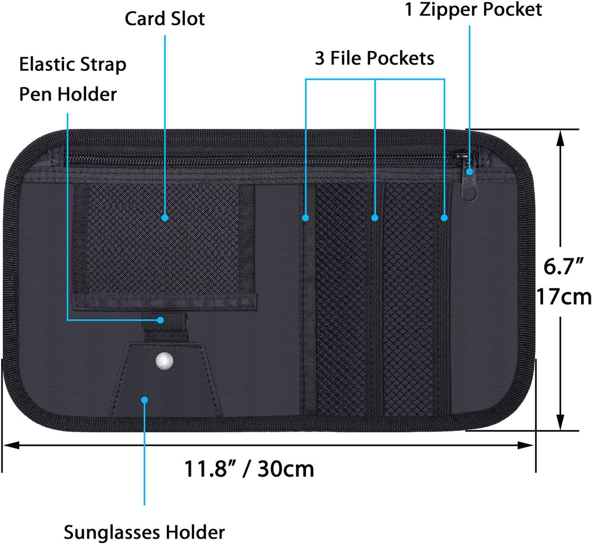 Car Sun Visor Organizer, Wisdompro Vehicle Interior Accessories Storage Pouch Auto Registration Holder with Elastic Strap for Sunglass, Documents, Cards, Pen, Drivers License, etc. (Black)