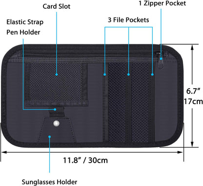 Car Sun Visor Organizer, Wisdompro Vehicle Interior Accessories Storage Pouch Auto Registration Holder with Elastic Strap for Sunglass, Documents, Cards, Pen, Drivers License, etc. (Black)
