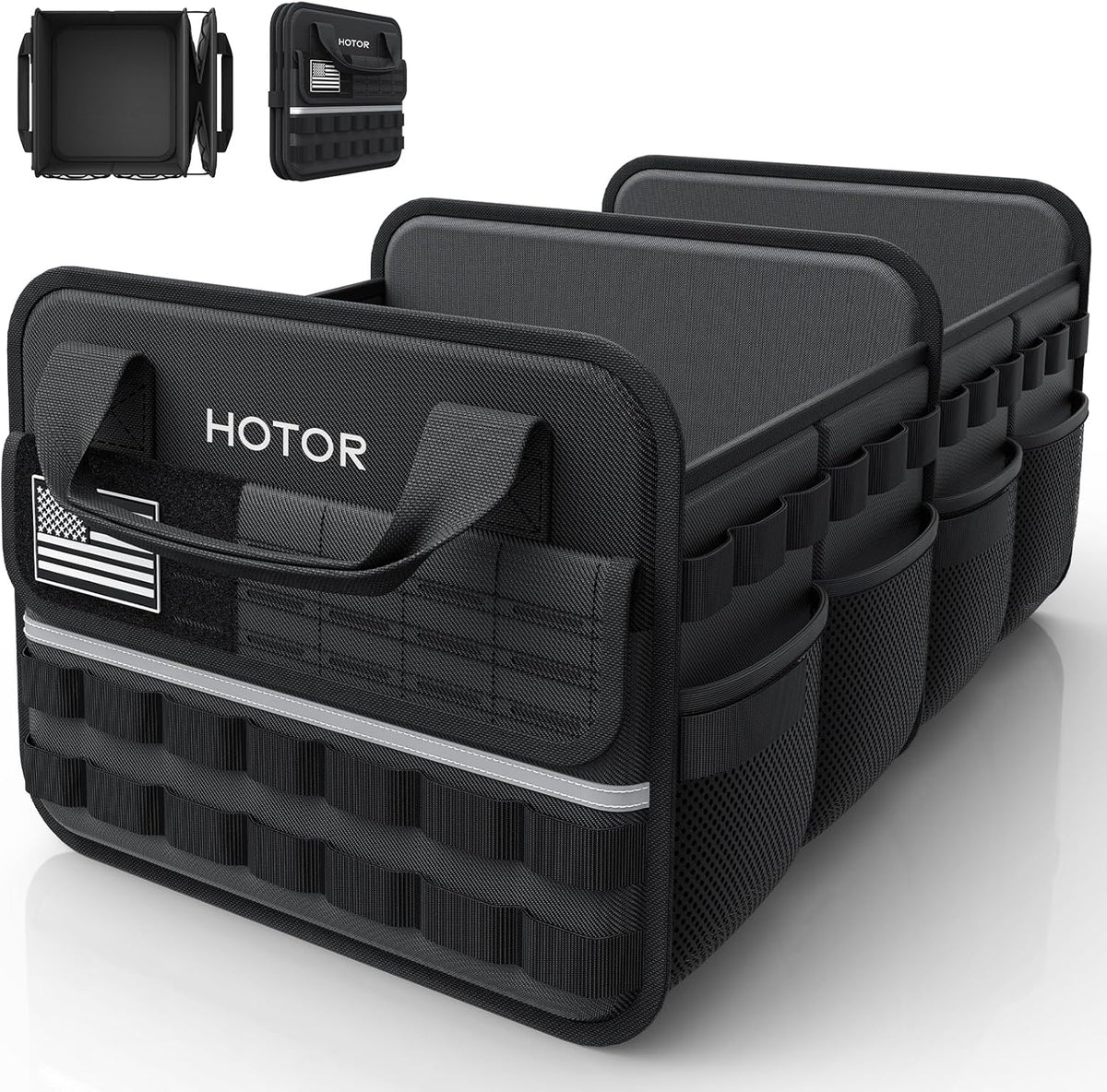 HOTOR Tactical Car Trunk Organizer - Foldable Trunk Organizer for SUV with Front MOLLE Pocket & Reflective Strips, Essential Car Accessories for Tools & Outdoor Storage, 12.8" x 21.7" x 11.0", Black
