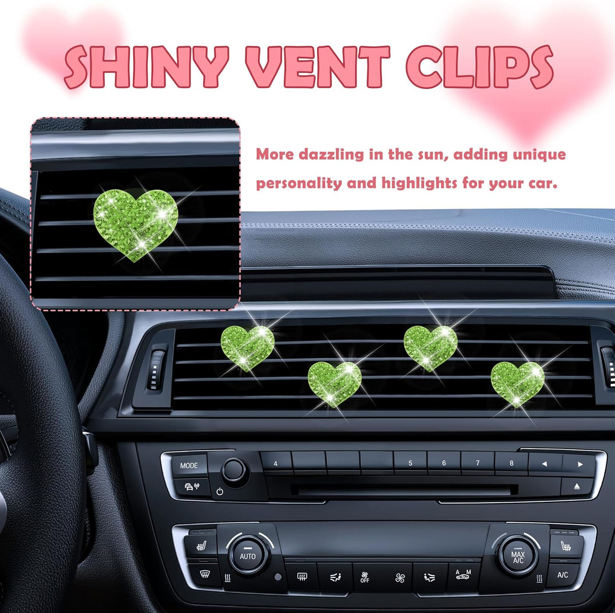4PCS Heart-Shaped Car Vent Clips with Rhinestone,Bling Air Vent Clips Car Decorations,Premium Shiny Car Clips for Vents CCar Accessories Interior for Cars,Trucks,SUVs (Pink)