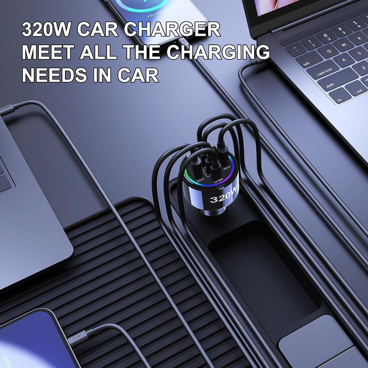 320W USB C Car Charger, 6 Ports Type C Car Charger, PD3.0/QC4.0/PPS Super Fast Charging for iPhone 17/16/15 Series, Galaxy S25/S24/23, iPad, MacBook Pro/Air, Laptop (Black)