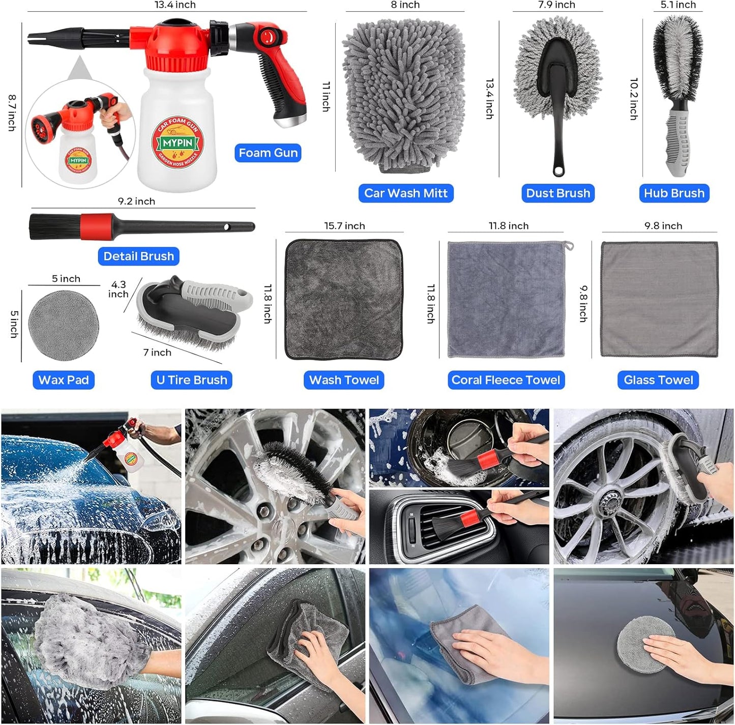 16 IN 1 Car Wash Foam Gun, Foam Cannon,Adjustable Hose Wash Sprayer with 2.5 to 6 Bars Foam Blaster,Wash Mitten &Towel,Suitable for Car Cleaning and Garden Use with 1/2” Quick Connector