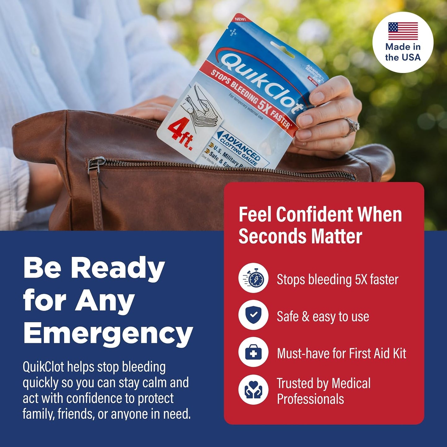 Adventure Medical Kits QuikClot Advanced Clotting Gauze - Stops Bleeding Up to 5X Faster Than Standard Gauze - Kaolin Hemostatic Dressing - for First Aid Kits & Survival Gear - 3 x 24