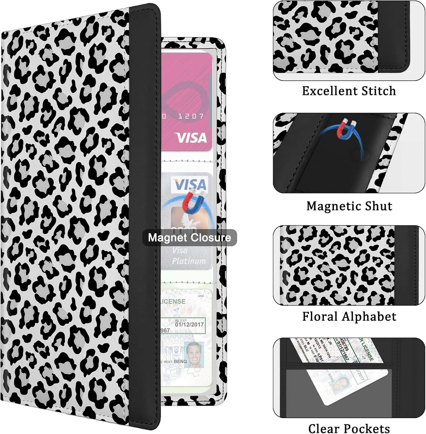 Car Registration and Insurance Holder, with Magnetic Closure for License, Cards and Documents, All Vehicle Needs and Car Accessories (Leopard-Black)