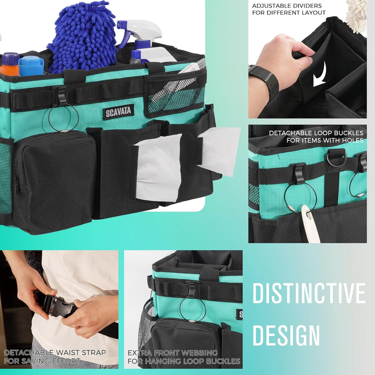 SCAVATA Wearable Cleaning Caddy Bag, Supplies Organizer with Handle & Shoulder Straps for Housekeepers, Under Sink & Car Cleaning Tool Organizer with 4 Foldable Dividers (Black)