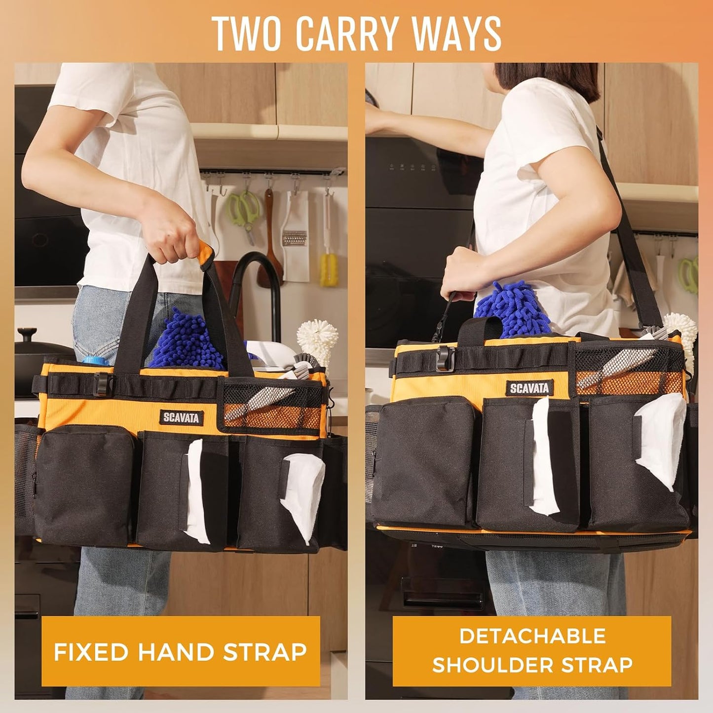 SCAVATA Wearable Cleaning Caddy Bag, Supplies Organizer with Handle & Shoulder Straps for Housekeepers, Under Sink & Car Cleaning Tool Organizer with 4 Foldable Dividers (Black)