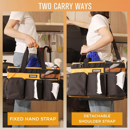 SCAVATA Wearable Cleaning Caddy Bag, Supplies Organizer with Handle & Shoulder Straps for Housekeepers, Under Sink & Car Cleaning Tool Organizer with 4 Foldable Dividers (Black)