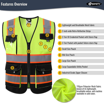 JKSafety Hi Vis Reflective Safety Vests for Men Women High Visibility Vest with Pockets Mesh Fabric Construction Safety Apparel Neon Vest for Work (220-Black L)