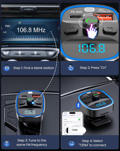 LENCENT FM Transmitter, Bluetooth FM Transmitter Wireless Radio Adapter Car Kit with Dual USB Charging, Audio Receiver Car Charger MP3 Player, Support Hands-Free Calling, TF Card & USB Disk