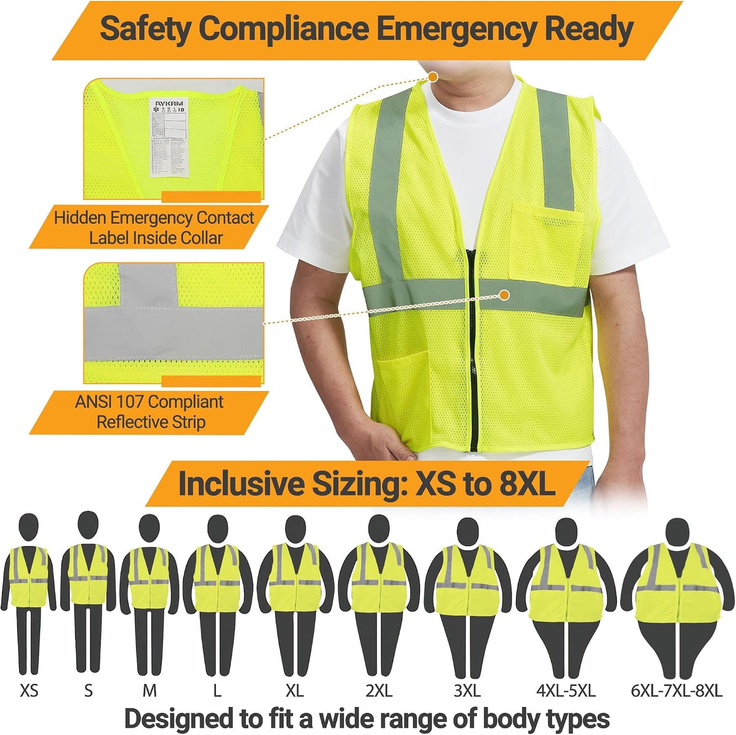 AYKRM 2 Pocket Mesh High Visibility Reflective Safety Vest for men & Women ANSI/ISEA 107 Standards